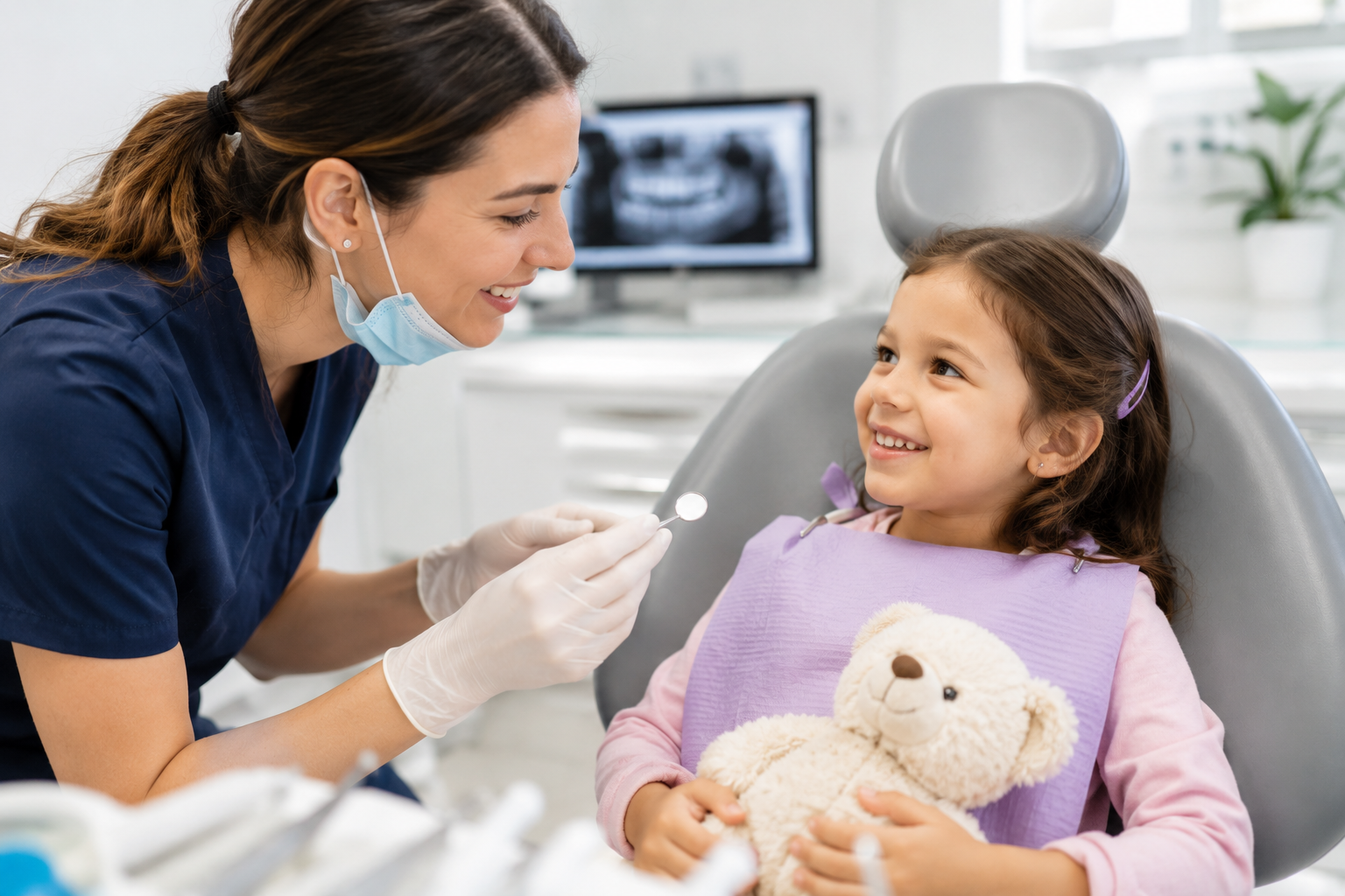 dentist welcoming a child during a first dental appointment in a pediatric dental office